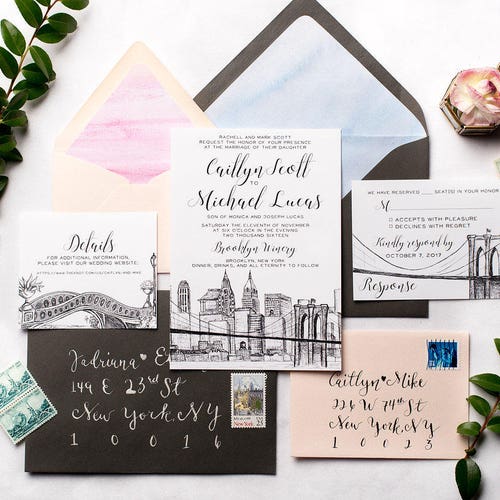 NYC Skyline Wedding Invitation Suite Brooklyn Bridge Etsy