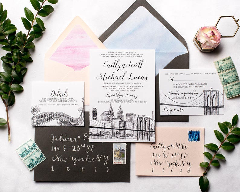 NYC Skyline Wedding Invitation Suite Brooklyn Bridge, Central Park New York City Wedding Invite image 1