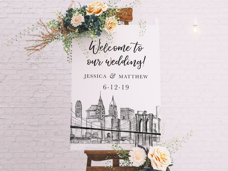 NYC Skyline Wedding Welcome Sign Brooklyn Bridge 18x24 or 24x36 Professionally Printed Poster or Canvas image 1