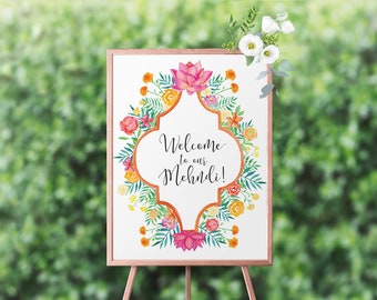 Indian Floral Arabesque Mehndi Welcome Sign PRINTABLE FILES | 18x24 and 24x36 | Instant Download