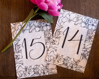 Floral Sketch Digital Download Wedding Table Numbers | Instant Download | DIY Printable | Black Floral Drawing Wedding Table Cards Set of 20