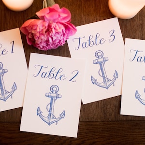 Nautical Blue Anchor Printable Wedding Table Numbers | Instant Download | Blue Anchor Drawing | Wedding Table Number Cards, Set of 20