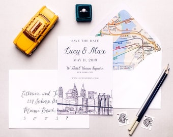 May include: Save the date card with a black and white illustration of the New York City skyline, including the Brooklyn Bridge. The card is white with black text that reads "Save the Date, Lucy & Max, May 11, 2019, W Hotel Union Square, New York City, www.lucyandmax.com".