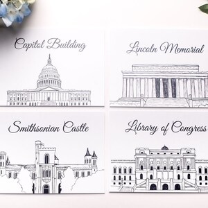 May include: Four black and white illustrations of famous Washington D.C. landmarks: the Capitol Building, the Lincoln Memorial, the Smithsonian Castle, and the Library of Congress.