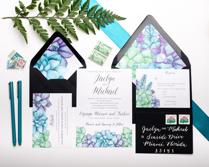 Watercolor Succulent Wedding Invitations Purple, Green and Blue Succulents Invitation Suite image 1