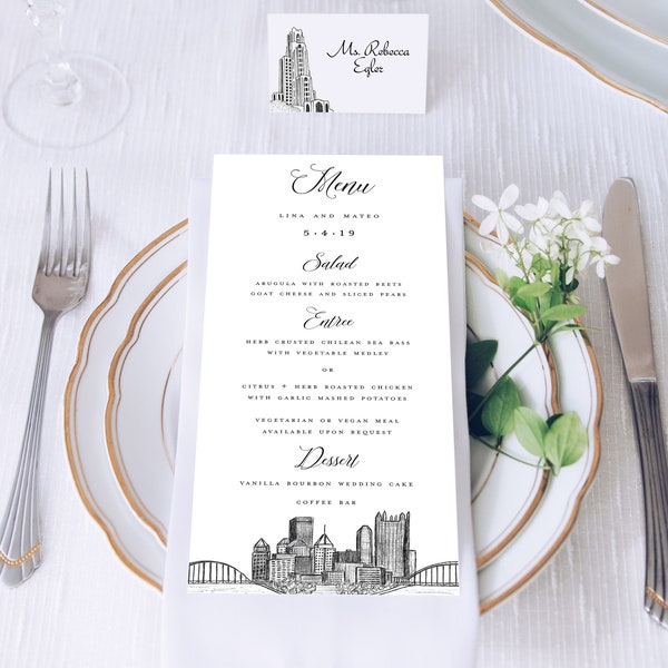 Pittsburgh, PA Skyline Wedding Menus | Skyline Drawing Menu Card | Printed Menus| Black and white design