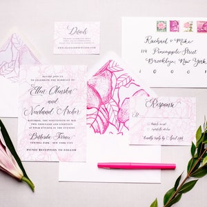 Floral Sketch Wedding Invitations Printable or Professionally Printed Black, Pink or Green Floral Drawing Wedding Invitation Suite image 1