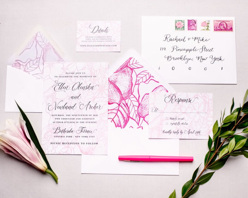 Floral Sketch Wedding Invitations Printable or Professionally Printed Black, Pink or Green Floral Drawing Wedding Invitation Suite image 1