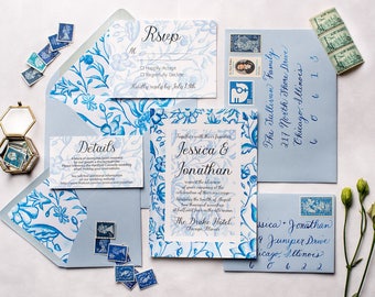 Vintage French Blue Toile Wedding Invitations | Printable or Professionally Printed | Watercolor Wedding Invitation Suite