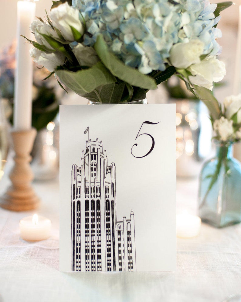 Chicago Icons Wedding Table Numbers Chicago Wedding Theme Chicago Landmarks, Set of 10, 15, 20, 25, or 30 image 1