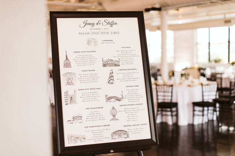 NYC Icons Wedding Seating Chart Poster or Canvas Can be customized to other cities 24x36 image 1