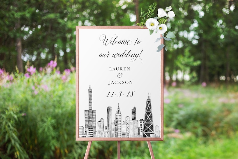 Chicago Skyline Wedding Welcome Sign 18x24 or 24x36 Professionally Printed Poster or Canvas image 1