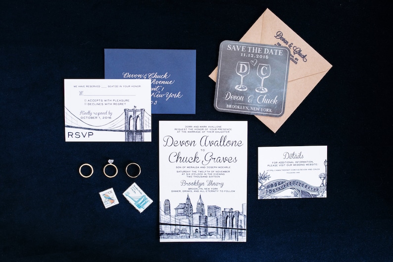 NYC Skyline Wedding Invitation Suite Brooklyn Bridge, Central Park New York City Wedding Invite image 4