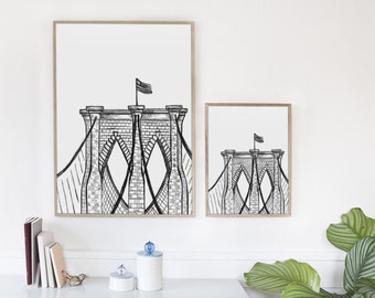 Brooklyn Bridge Drawing | NYC Wall Art | New York City Print | NYC Gift | 5x7 or 8x10