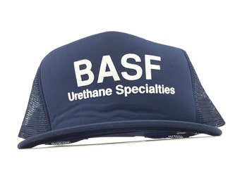 Vintage 1990s BASF Urethane Specialties - Navy Blue Trucker Hat Polymesh Cap Snapback Mens Size Poly 1990s