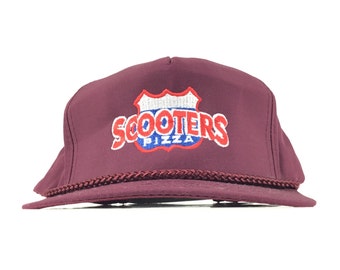 Vintage 1990s SCOOTERS Pizza (Pizzeria Restaurant) Embroidered Baseball Cap Hat Adjustable Strapback Adult Size Burgundy Color