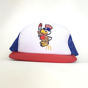 Gorra de camionero vintage de McDonald's de los Juegos Olímpicos de Los Ángeles de 1984, estilo snapback, para hombre, en colores rojo, blanco y azul, de poliéster.