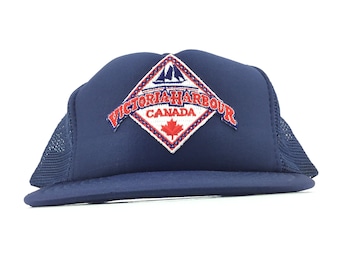 Vintage 1990s Victoria Harbour Canada Navy Blue Trucker Hat Cap SnapBack Men’s Size Polyester