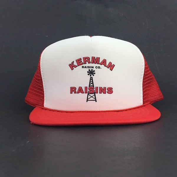 Vintage 90s Kerman Raisin Company Raisins (Kerman California) Windmill Logo Red Trucker Hat Cap Snapback Adult Size Poly Nylon
