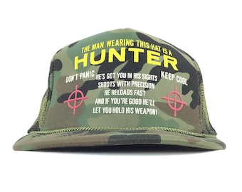 Vintage 90s The Man Wearing This Hat Is A Hunter Don't Panic Keep Koop Camo Trucker Hat Cap SnapBack Adult Size Poly