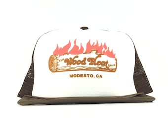 Vintage 90s The Wood Heat Store - Modesto CA California Brown Trucker Hat Cap Snapback Men’s Size Polyester