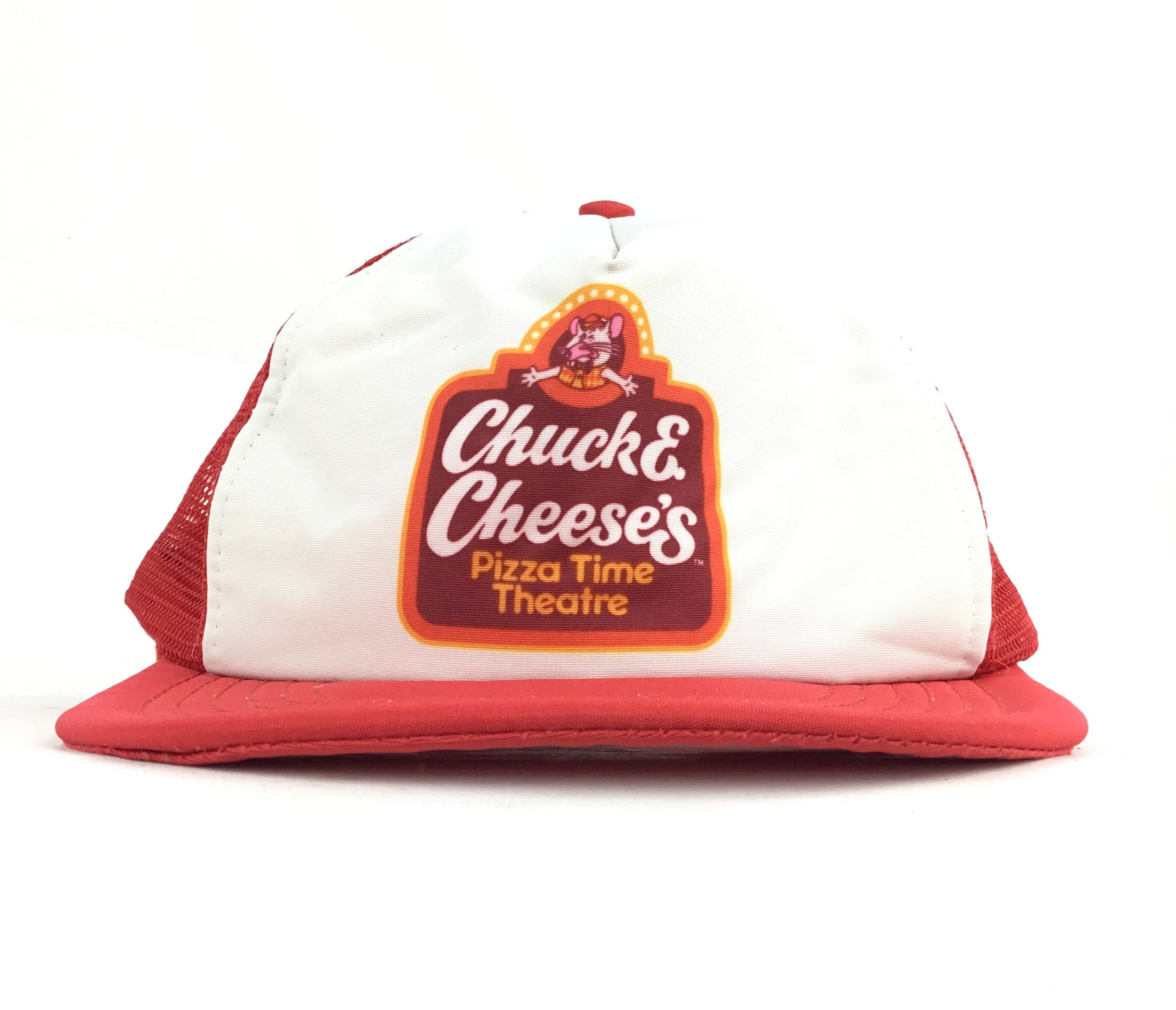 Chuck E Cheese Pizza Time Theatre Trucker Hat Vintage 80’s Snapback Cap Red Chuck E Cheese Pizza Time Theatre Trucker Hat Vintage 80’s Snapback Cap Red
