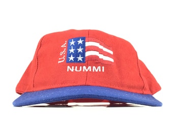 Vintage 90s NUMMI USA New United Motor Manufactipuring Emboidered American Flag Red Blue Baseball Cap Hat Snapback Mens Size Made in USA