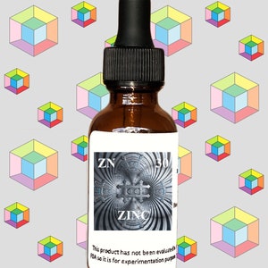 May include: A brown glass bottle with a black dropper top. The label is white with black text that reads "ZN 30 ZINC". The label also includes the text "This product has not been evaluated by the FDA so it is for experimentation purposes only."