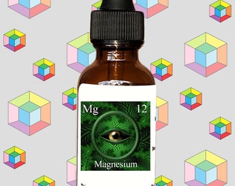 May include: A brown glass bottle with a black dropper top. The label is white with green and black graphics and the text "Mg 12 Magnesium". The label also includes the text "This product has not been evaluated by the FDA so it is for experimentation purposes only."
