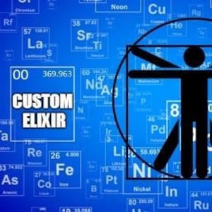 Könnte beinhalten: Ein blauer Hintergrund mit einem weißen Quadrat, das den Text "CUSTOM ELIXIR" enthält. Eine schwarze Silhouette einer Person mit ausgestreckten Armen ist auf einen Kreis mit einem weißen Quadrat darum herum gelegt. Der Kreis und das Quadrat sind auf einen blauen Hintergrund mit weißen Quadraten gelegt, die chemische Symbole und Namen enthalten.