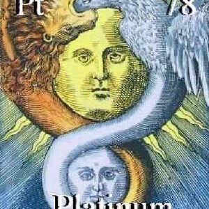 May include: A vintage illustration of the chemical element Platinum, symbolized by Pt and atomic number 78. The image depicts a sun with a human face, a snake, and a bird, all intertwined.