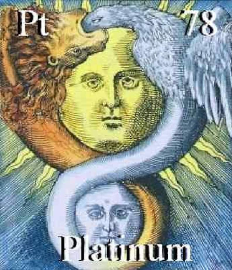 May include: A vintage illustration of the chemical element Platinum, symbolized by Pt and atomic number 78. The image depicts a sun with a human face, a snake, and a bird, all intertwined.