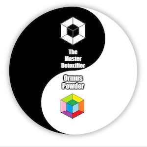 May include: A yin-yang symbol with a black and white background. The text "The Master Detoxifier Ormus Powder" is centered. Geometric cube shapes are above and below the text, one white and one multi-colored.