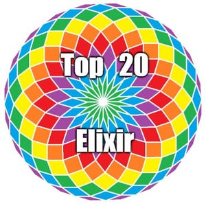 Peut inclure: Une sphère arc-en-ciel colorée avec un motif en diamant blanc. Le texte "Top 20 Elixir" est écrit en blanc sur la sphère.
