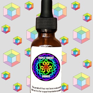 May include: A brown glass bottle with a dropper top and a white label. The label has a rainbow colored Celtic knot design and the text "Triple Threat Ormus". The label also includes the text "This product has not been evaluated by the FDA so it is for experimentation purposes only."