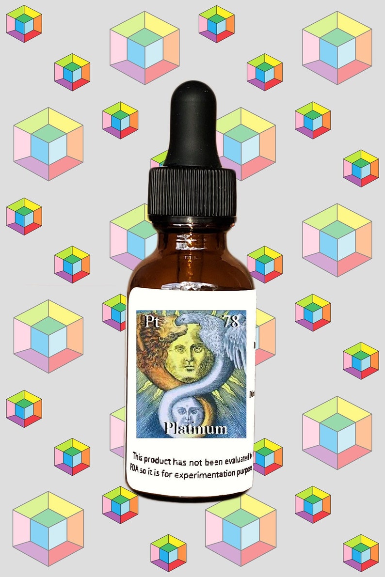 May include: A brown glass bottle with a black dropper top. The label is white with a black and white illustration of a snake wrapped around a sun with a face. The text on the label reads "Pt 78 Platinum" and "This product has not been evaluated by the FDA so it is for experimentation purposes only."