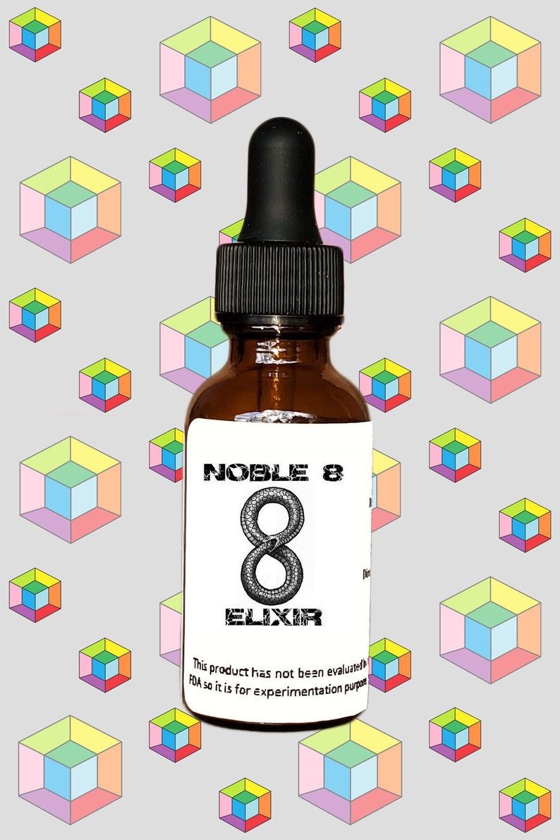 May include: A brown glass bottle with a black dropper top. The label is white with black text that reads "NOBLE 8 ELIXIR". The number 8 is depicted as a snake curled into the shape of the number. The text below the number reads "This product has not been evaluated by the FDA so it is for experimentation purposes only."