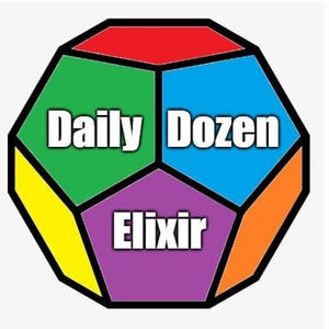 May include: A colorful, geometric, 3D shape with the words "Daily Dozen Elixir" on it. The shape is a dodecahedron, a 12-sided figure.