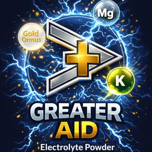 Puede incluir: Un anuncio de polvo de electrolitos Greater Aid. La imagen presenta un diseño estilizado con un signo más dorado dentro de una flecha plateada, rodeado de rayos azules. El texto incluye "Gold Ormus", "Mg", "K" y "Greater Aid Electrolyte Powder".