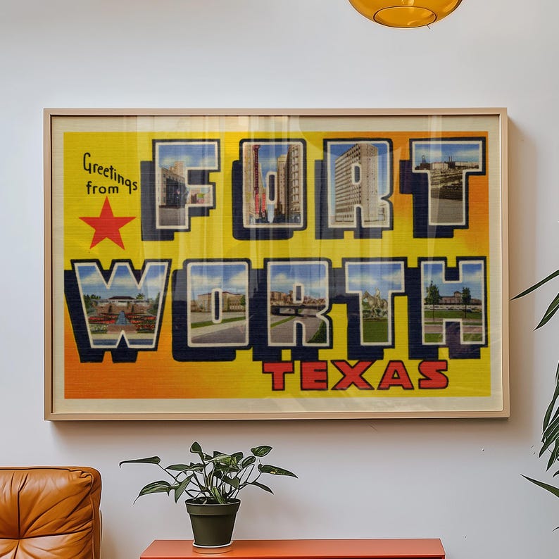 May include: A vintage postcard with a yellow background and the words "Greetings from FORT WORTH TEXAS" in blue letters. The letters are made up of images of buildings and streets in Fort Worth, Texas.
