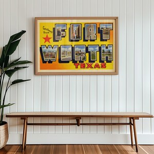 May include: A vintage postcard with a yellow background and red, white and blue accents. The postcard says "Greetings from Fort Worth, Texas" and features images of buildings in the city.