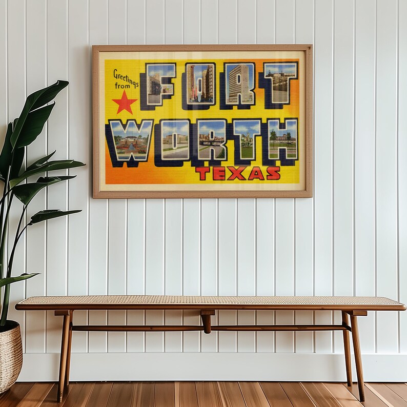 May include: A vintage postcard with a yellow background and red, white and blue accents. The postcard says "Greetings from Fort Worth, Texas" and features images of buildings in the city.