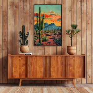 Vintage Postkarte Bunte Wüstenlandschaft Kunst Poster Druck Wanddekoration Südwesten Wohnzimmer Kunstdruck Saguaro Kaktus Druck