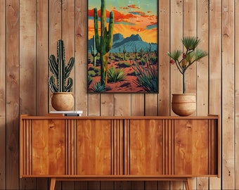 Vintage Postcard Colorful Desert Landscape Art Poster Print Wall Decor Southwest Living Room Art Print Saguaro Cactus Print