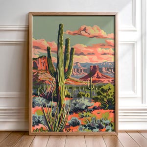 Vintage Cactus Print Desert Sunset Art Western Wall Decor Retro Desert ...