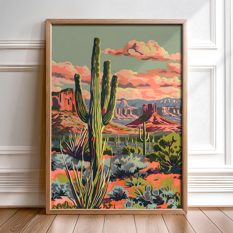 Vintage Cactus Print Desert Sunset Art Western Wall Decor Retro Desert ...