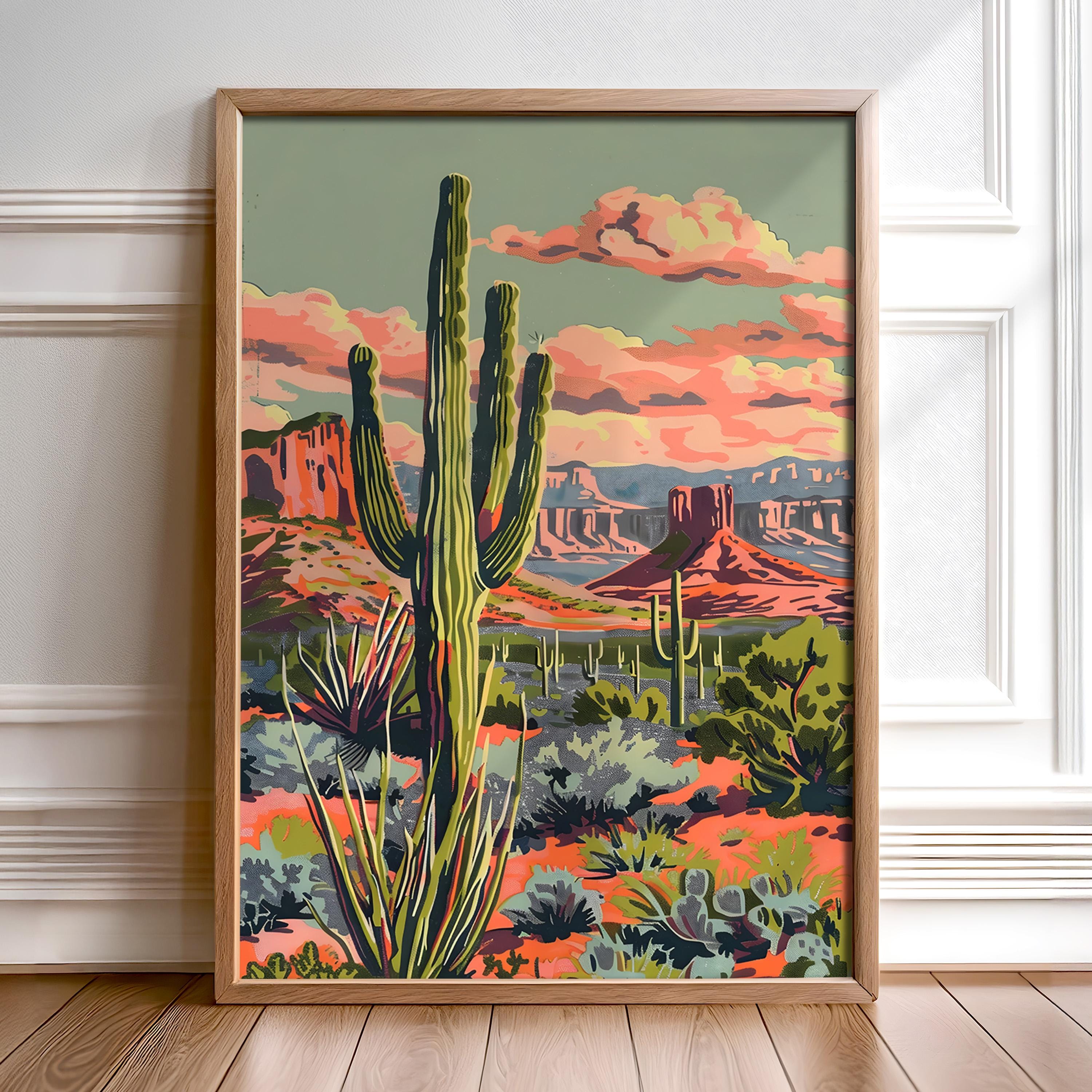 Vintage Cactus Print Desert Sunset Art Western Wall Decor Retro Desert ...