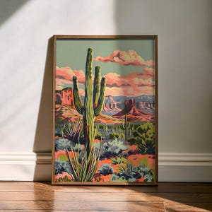 Vintage Cactus Print Desert Sunset Art Western Wall Decor Retro Desert ...
