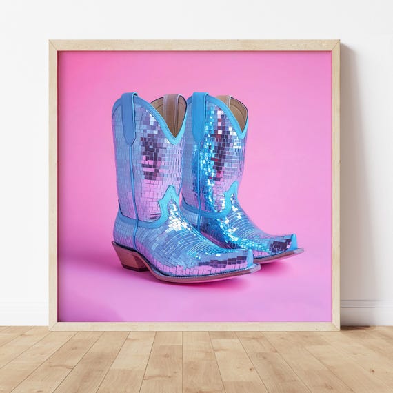Blue Cowboy Boot Print Western Wall Decor Cowgirl Bedroom Teen Room Art Fashion Photography Print Disco Home Decor Gift for Her Gallery Art