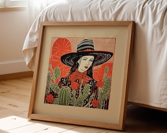 May include: Framed art print depicting a woman in a wide-brimmed hat and patterned jacket, surrounded by cacti and flowers. The artwork has a red and green colour scheme with a sun in the background. The print is in a wooden frame.